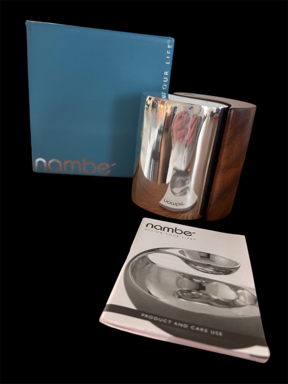Nambe Wood and Polished Stainless Salt & Pepper Set - Brown & Silver